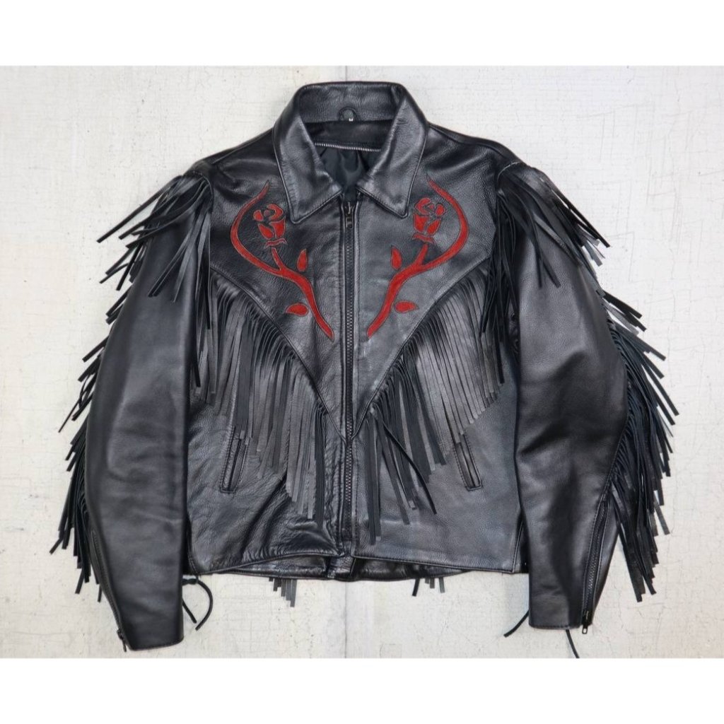 Vintage Black Leather Fringe Jacket W/ Red Rose Embroidery - Women’s M
